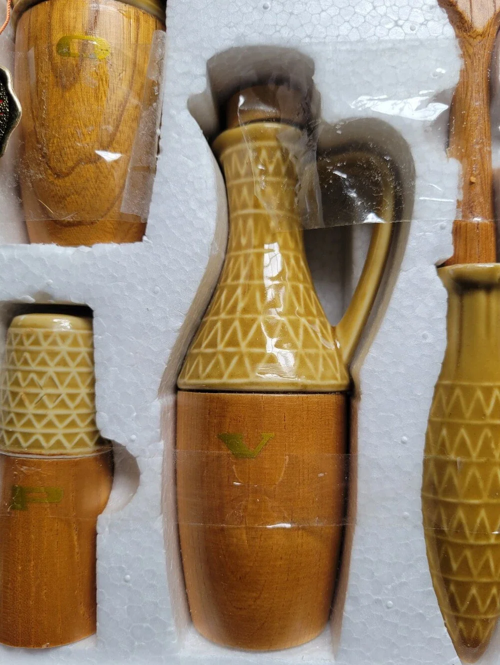 Vtg House of Fisher 6pc Salad Condiment Set MCM Wood Ceramic Japan In Styrofoam